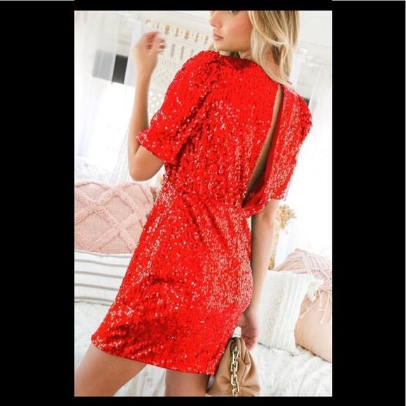 Red Sequin Short Dress holiday party Christmas S M L Vegas going out cute - Picture 4 of 4